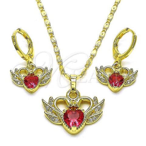 Oro Laminado Earring and Pendant Adult Set, Gold Filled Style Swan and Heart Design, with Ruby Cubic Zirconia and White Micro Pave, Polished, Golden Finish, 10.196.0111