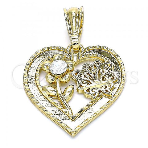 Oro Laminado Fancy Pendant, Gold Filled Style Flower and Butterfly Design, with White Crystal, Polished, Golden Finish, 05.351.0111.1