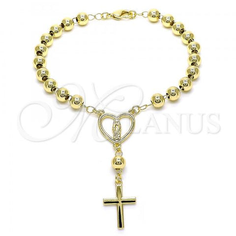 Oro Laminado Bracelet Rosary, Gold Filled Style Guadalupe and Cross Design, Polished, Golden Finish, 09.213.0034.08