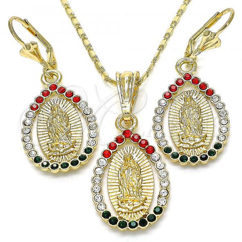 Oro Laminado Earring and Pendant Adult Set, Gold Filled Style Guadalupe and Teardrop Design, with Multicolor Crystal, Polished, Golden Finish, 10.351.0012
