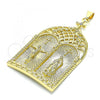 Oro Laminado Fancy Pendant, Gold Filled Style Jesus and Guadalupe Design, with White Crystal, Polished, Golden Finish, 05.213.0126