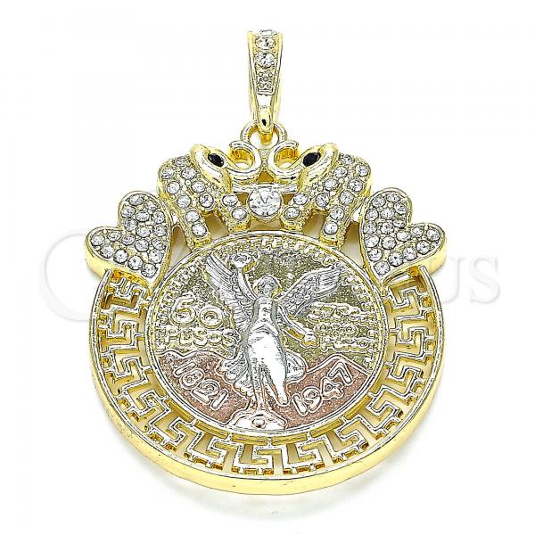 Oro Laminado Religious Pendant, Gold Filled Style Centenario Coin and Angel Design, with White and Black Crystal, Polished, Tricolor, 05.380.0018