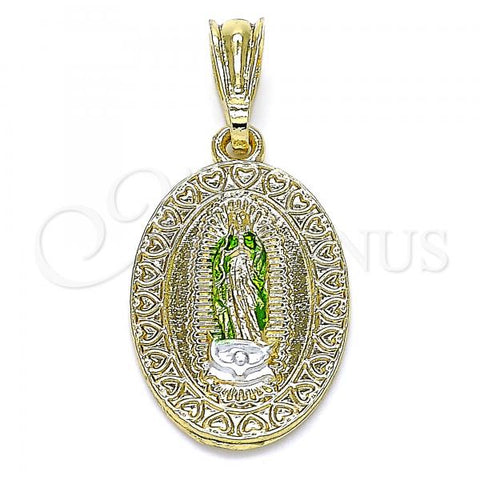 Oro Laminado Religious Pendant, Gold Filled Style Guadalupe and Heart Design, Polished, Tricolor, 05.351.0171