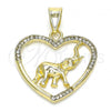 Oro Laminado Fancy Pendant, Gold Filled Style Heart and Elephant Design, with White Crystal, Polished, Golden Finish, 05.351.0098