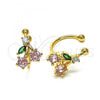 Oro Laminado Earcuff Earring, Gold Filled Style Cherry Design, with Pink and Green Cubic Zirconia, Polished, Golden Finish, 02.213.0380
