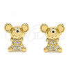 Oro Laminado Stud Earring, Gold Filled Style Teddy Bear Design, with White Micro Pave, Polished, Golden Finish, 02.377.0018