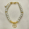 Oro Laminado Fancy Bracelet, Gold Filled Style Four-leaf Clover and Ball Design, with Ivory Pearl, Polished, Golden Finish, 03.405.0016.07
