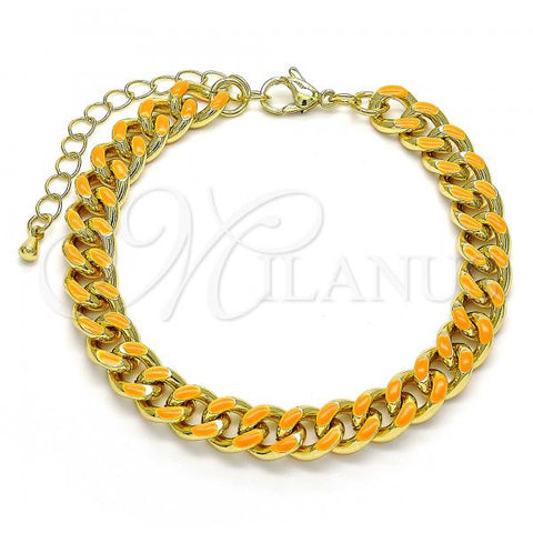 Oro Laminado Basic Bracelet, Gold Filled Style Miami Cuban Design, Orange Enamel Finish, Golden Finish, 03.341.0075.5.07