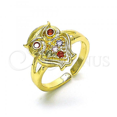 Oro Laminado Multi Stone Ring, Gold Filled Style Owl Design, with Multicolor Micro Pave and Garnet Cubic Zirconia, Polished, Golden Finish, 01.210.0078.1