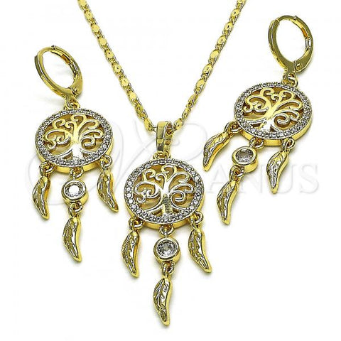 Oro Laminado Earring and Pendant Adult Set, Gold Filled Style Tree and Leaf Design, with White Micro Pave and White Cubic Zirconia, Polished, Golden Finish, 10.196.0060.1