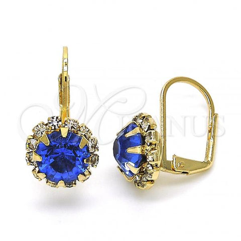 Oro Laminado Leverback Earring, Gold Filled Style Flower Design, with Sapphire Blue and White Crystal, Polished, Golden Finish, 5.125.009.1