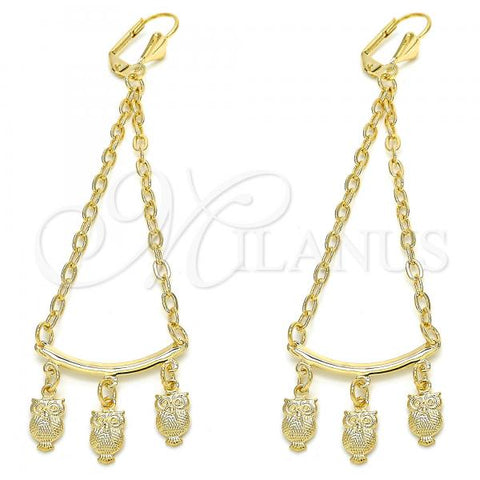 Oro Laminado Long Earring, Gold Filled Style Owl and Rolo Design, Polished, Golden Finish, 02.32.0551