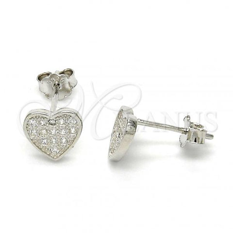 Sterling Silver Stud Earring, Heart Design, with White Micro Pave, Polished, Rhodium Finish, 02.186.0034