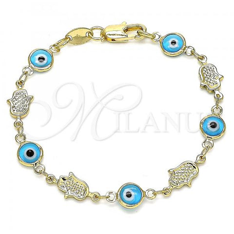 Oro Laminado Fancy Bracelet, Gold Filled Style Evil Eye and Hand of God Design, Turquoise Resin Finish, Golden Finish, 03.326.0007.3.06