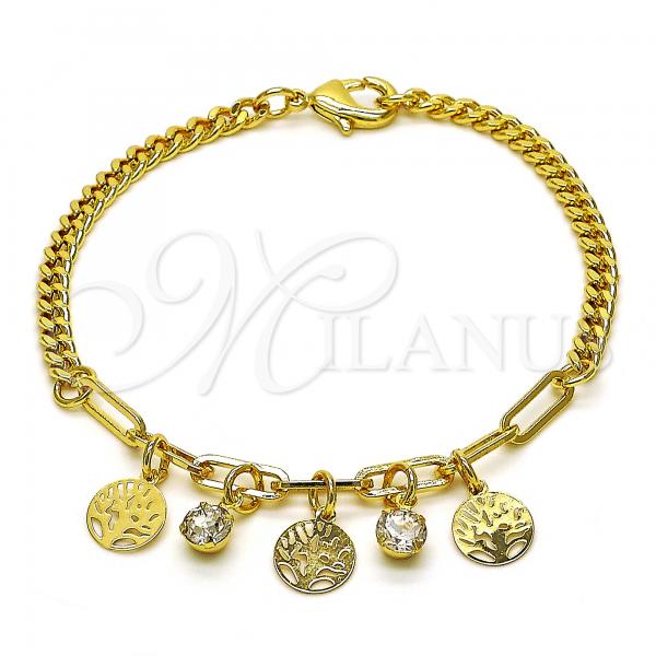 Oro Laminado Charm Bracelet, Gold Filled Style Tree and Paperclip Design, with White Crystal, Polished, Golden Finish, 03.63.2245.07