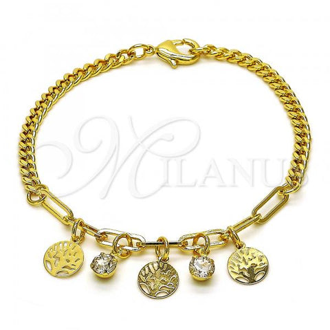 Oro Laminado Charm Bracelet, Gold Filled Style Tree and Paperclip Design, with White Crystal, Polished, Golden Finish, 03.63.2245.07