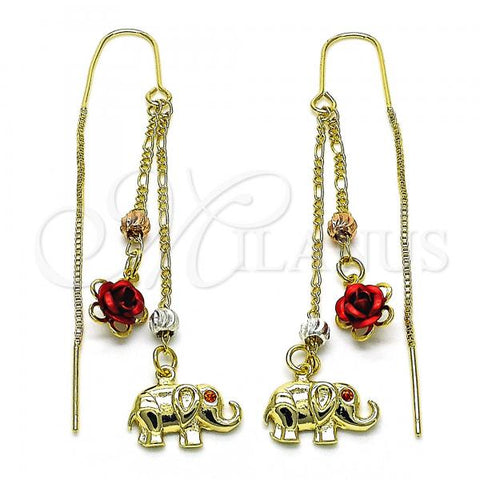 Oro Laminado Threader Earring, Gold Filled Style Elephant and Flower Design, with Orange Cubic Zirconia, Polished, Tricolor, 02.253.0040