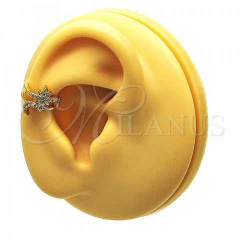 Oro Laminado Earcuff Earring, Gold Filled Style Moon Design, with White Micro Pave, Polished, Golden Finish, 02.210.0679