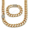 Oro Laminado Necklace and Bracelet, Gold Filled Style Miami Cuban Design, with White Cubic Zirconia, Polished, Golden Finish, 06.156.0006