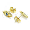 Oro Laminado Stud Earring, Gold Filled Style Evil Eye Design, with Sapphire Blue Micro Pave, Polished, Golden Finish, 02.156.0556