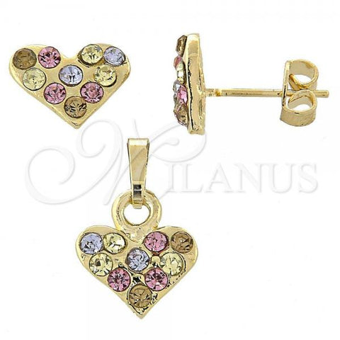 Oro Laminado Earring and Pendant Adult Set, Gold Filled Style Heart Design, with Multicolor Crystal, Polished, Golden Finish, 10.164.0019.1