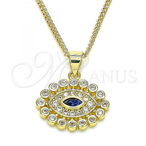 Oro Laminado Pendant Necklace, Gold Filled Style Evil Eye Design, with Sapphire Blue and White Micro Pave, Polished, Golden Finish, 04.156.0397.20