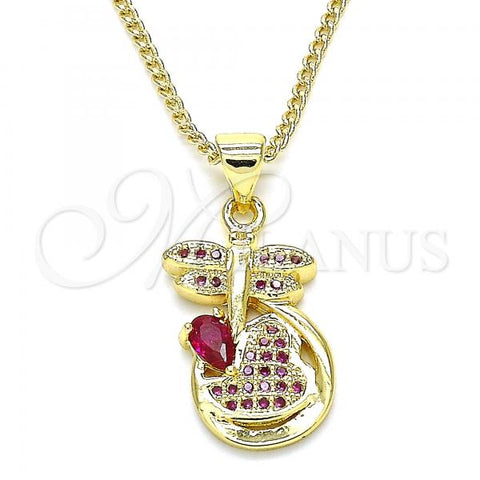 Oro Laminado Pendant Necklace, Gold Filled Style Dragon-Fly and Heart Design, with Ruby Micro Pave, Polished, Golden Finish, 04.156.0330.1.20