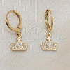 Oro Laminado Dangle Earring, Gold Filled Style Crown and Cross Design, with White Micro Pave, Polished, Golden Finish, 02.253.0063
