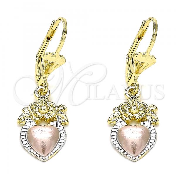 Oro Laminado Dangle Earring, Gold Filled Style Heart Design, Polished, Tricolor, 02.351.0092