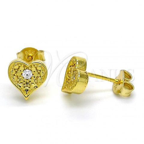 Sterling Silver Stud Earring, Heart Design, with White Cubic Zirconia, Polished, Golden Finish, 02.186.0134