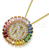 Oro Laminado Pendant Necklace, Gold Filled Style Initials Design, with Multicolor Cubic Zirconia, Polished, Golden Finish, 04.210.0018.1.20