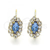 Oro Laminado Leverback Earring, Gold Filled Style Leaf Design, with Sapphire Blue and White Cubic Zirconia, Polished, Golden Finish, 02.122.0082.3