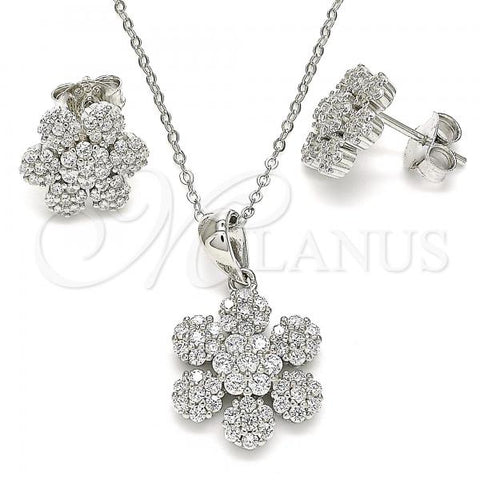 Sterling Silver Earring and Pendant Adult Set, Flower Design, with White Cubic Zirconia, Polished, Rhodium Finish, 10.286.0031