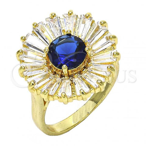 Oro Laminado Multi Stone Ring, Gold Filled Style Flower Design, with Sapphire Blue and White Cubic Zirconia, Polished, Golden Finish, 01.266.0018.2.07 (Size 7)