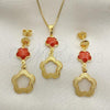 Oro Laminado Earring and Pendant Adult Set, Gold Filled Style Flower and Box Design, with Orange Opal, Resin Finish, Golden Finish, 10.58.0025
