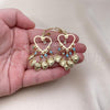 Oro Laminado Long Earring, Gold Filled Style Heart Design, with Turquoise and White Crystal, Polished, Golden Finish, 02.414.0010