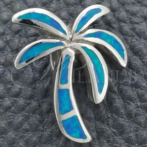 Sterling Silver Fancy Pendant, Palm Tree Design, with Bermuda Blue Opal, Polished, Silver Finish, 05.391.0009