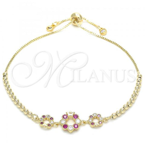 Oro Laminado Adjustable Bolo Bracelet, Gold Filled Style Flower and Crown Design, with Ruby and White Cubic Zirconia, Polished, Golden Finish, 03.233.0015.1.12
