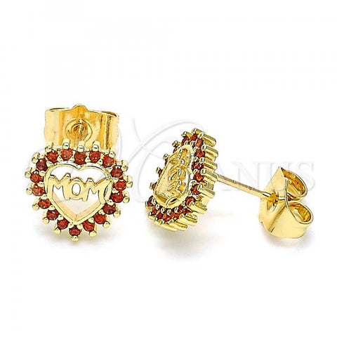 Oro Laminado Stud Earring, Gold Filled Style Mom and Heart Design, with Garnet Micro Pave, Polished, Golden Finish, 02.156.0627.1