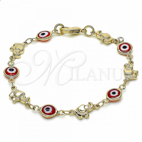 Oro Laminado Fancy Bracelet, Gold Filled Style Evil Eye and Elephant Design, Red Resin Finish, Golden Finish, 03.326.0010.1.06