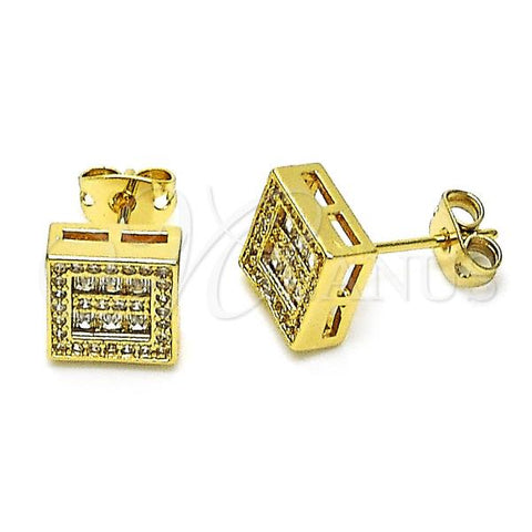 Oro Laminado Stud Earring, Gold Filled Style Baguette Design, with White Micro Pave and White Cubic Zirconia, Polished, Golden Finish, 02.342.0293