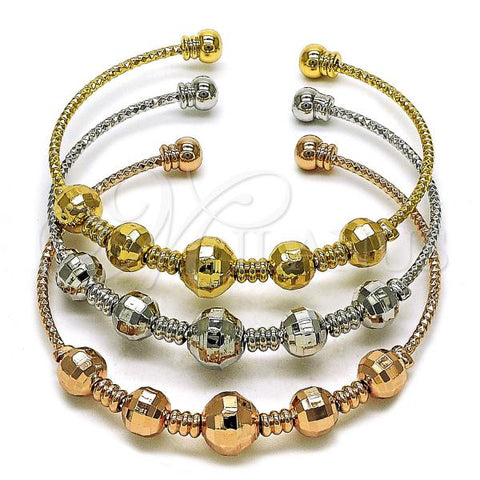 Oro Laminado Trio Bangle, Gold Filled Style Ball and Disco Design, Diamond Cutting Finish, Tricolor, 07.282.0020