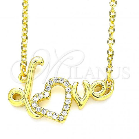 Sterling Silver Pendant Necklace, Love and Heart Design, with White Cubic Zirconia, Polished, Golden Finish, 04.336.0185.2.16