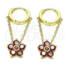 Oro Laminado Huggie Hoop, Gold Filled Style Flower Design, with Garnet Cubic Zirconia, Polished, Golden Finish, 02.210.0715.1.12