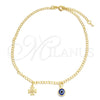 Oro Laminado Charm Anklet , Gold Filled Style Evil Eye and Four-leaf Clover Design, Polished, Golden Finish, 03.02.0056.10