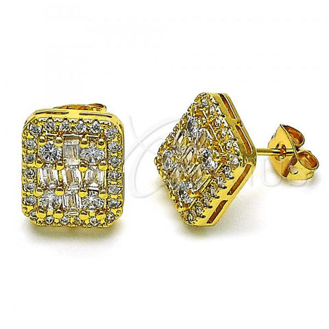 Oro Laminado Stud Earring, Gold Filled Style Baguette Design, with White Cubic Zirconia and White Micro Pave, Polished, Golden Finish, 02.342.0216