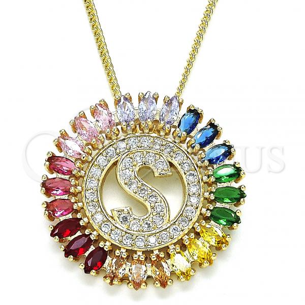 Oro Laminado Pendant Necklace, Gold Filled Style Initials Design, with Multicolor Cubic Zirconia, Polished, Golden Finish, 04.210.0021.1.20