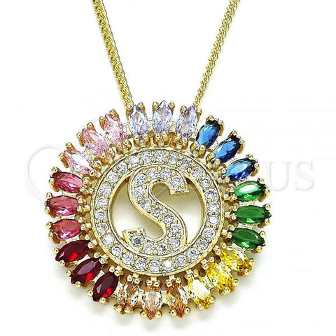 Oro Laminado Pendant Necklace, Gold Filled Style Initials Design, with Multicolor Cubic Zirconia, Polished, Golden Finish, 04.210.0021.1.20