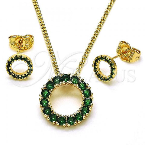 Oro Laminado Earring and Pendant Adult Set, Gold Filled Style Cluster Design, with Green Cubic Zirconia and Green Micro Pave, Polished, Golden Finish, 10.156.0461.2