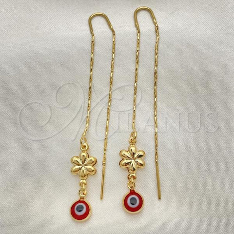 Oro Laminado Threader Earring, Gold Filled Style Evil Eye and Flower Design, Polished, Golden Finish, 02.02.0522